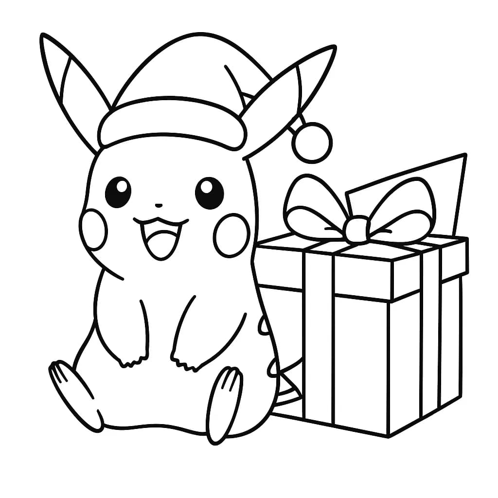 Easy Christmas coloring page of Pikachu with a Santa hat and a present.