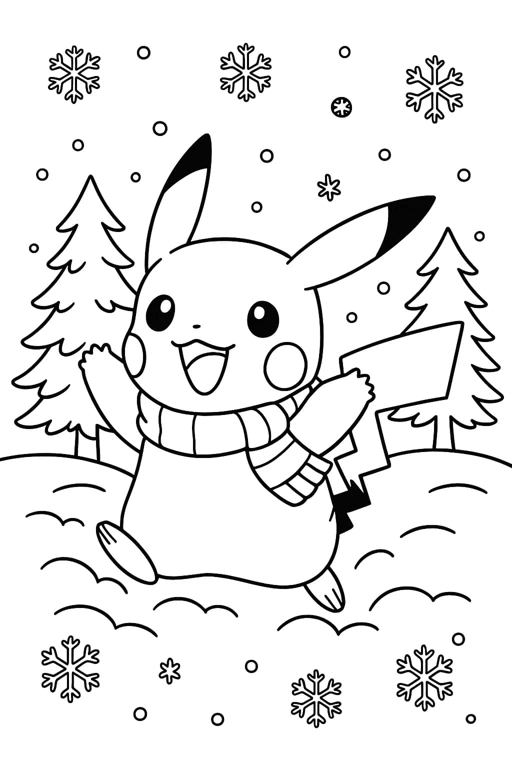 Easy coloring page of Pikachu in a scarf with snowflakes and a snowman