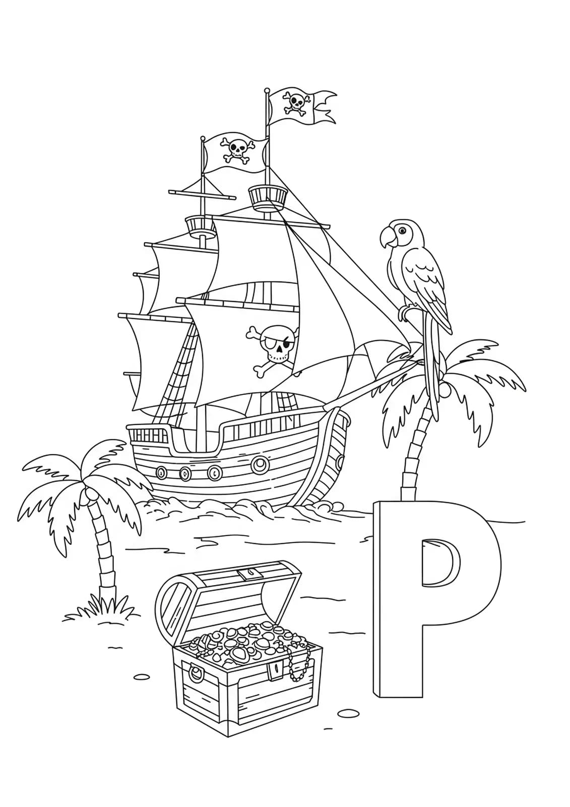 Medium detail coloring page of pirate ship, treasure, and letter P for elementary kids.