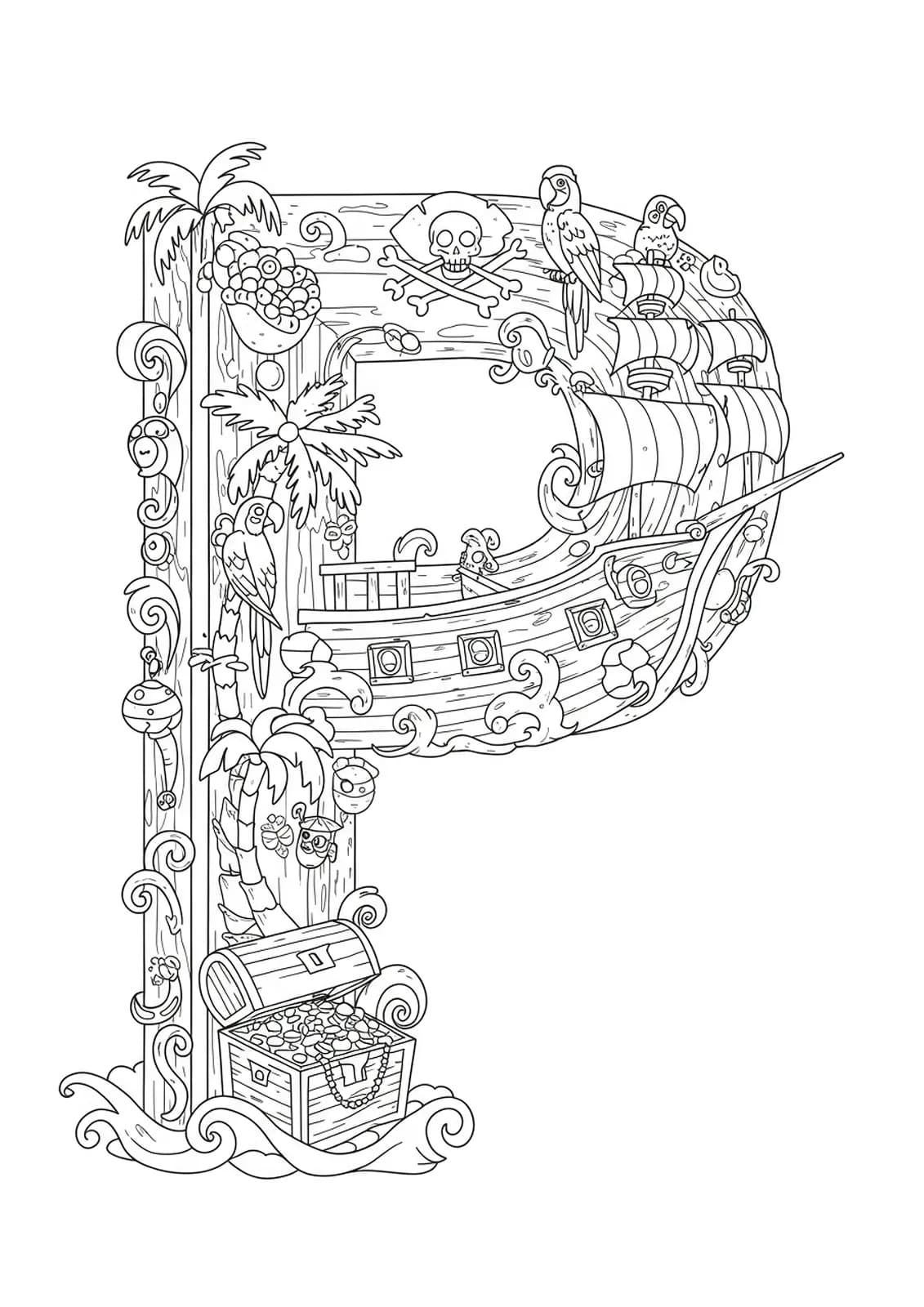 Letter P pirate ship coloring page with treasure, parrots, palm trees, and detailed waves.