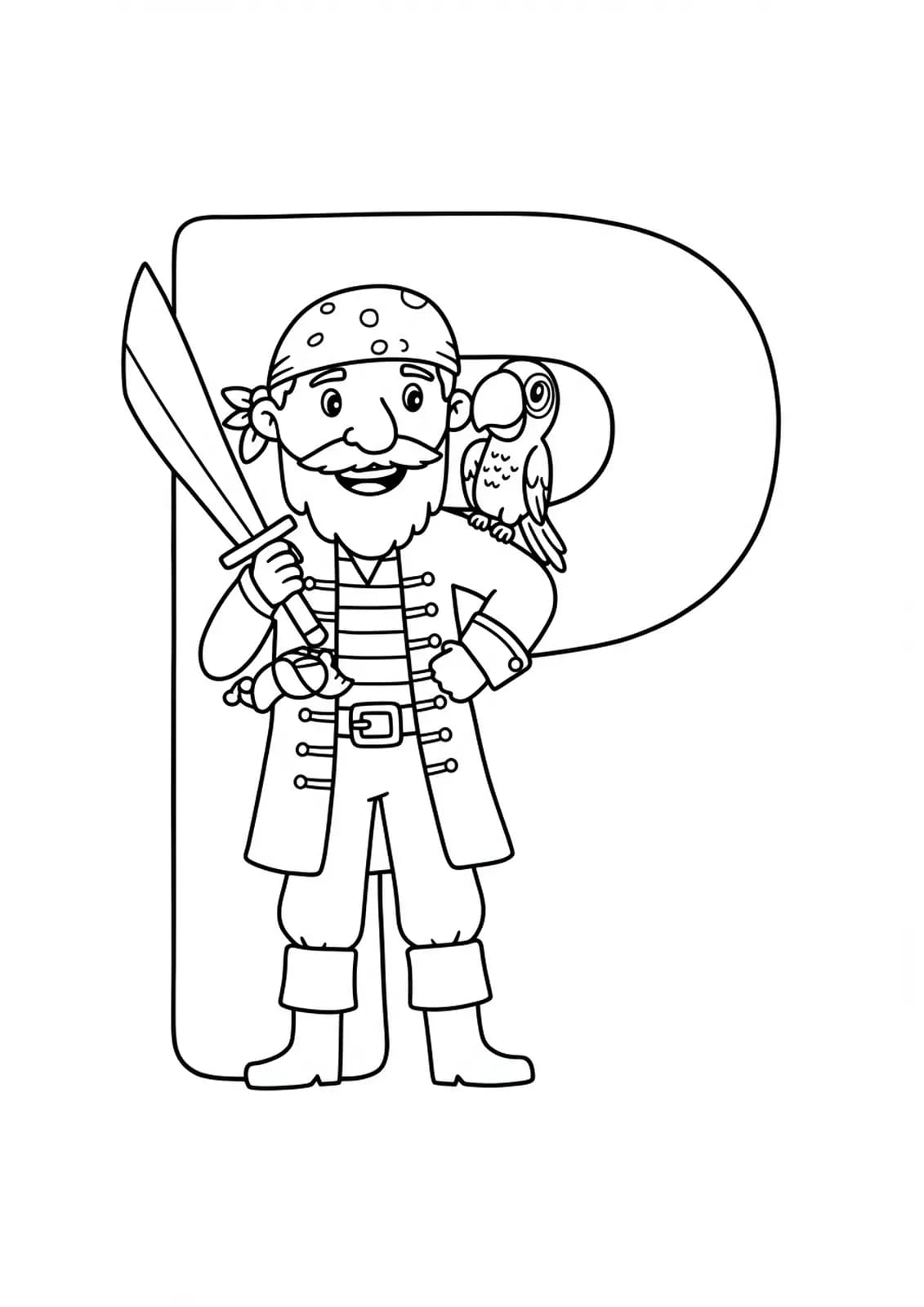 A large letter P with a cartoon pirate holding a parrot on his shoulder, all in simple lines.