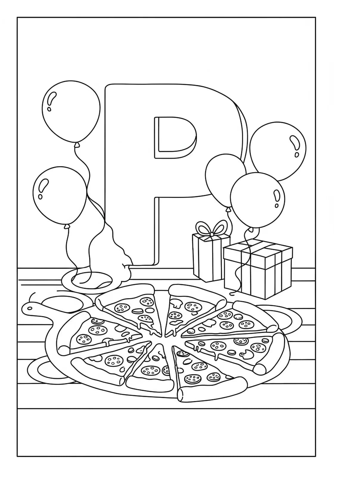 Medium detail coloring page of pizza slices, toppings, and a letter P for elementary students.