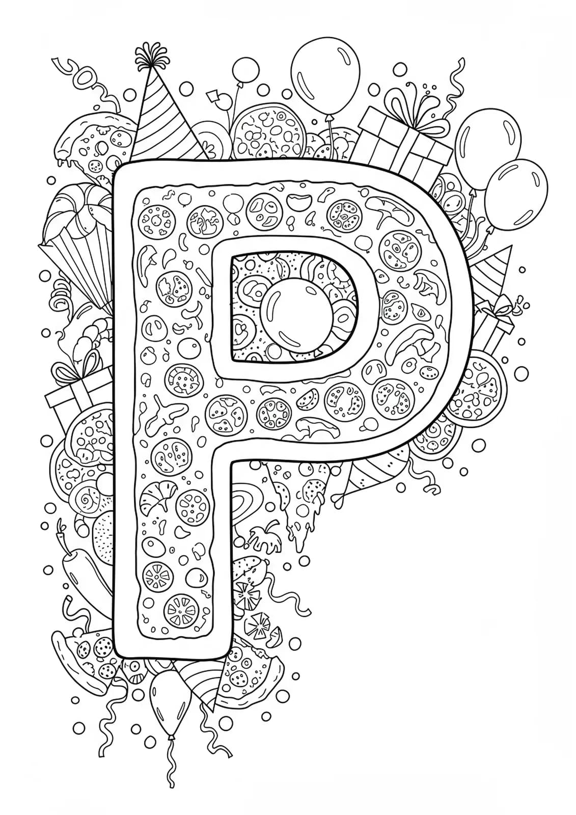 Letter P pizza party coloring page with detailed pizza toppings, party hats, balloons, and confetti.