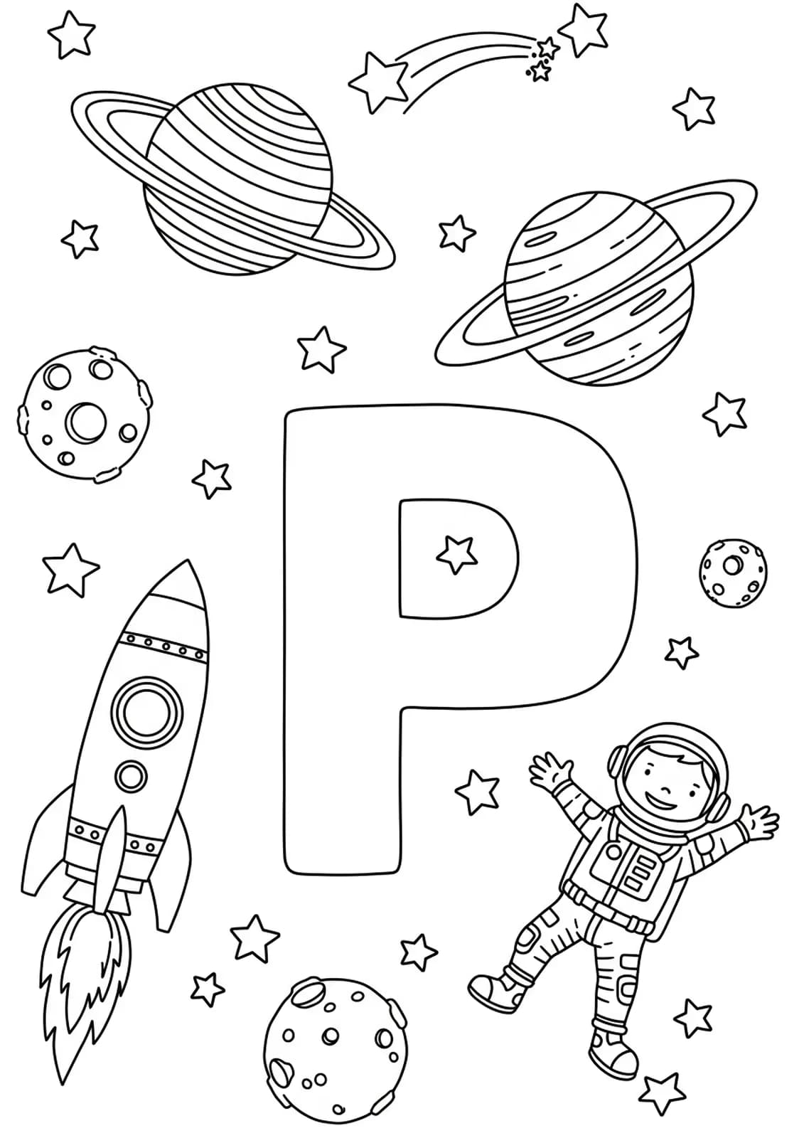 Coloring page of planets, rocket, astronaut, and the letter P, for elementary kids, medium detail.