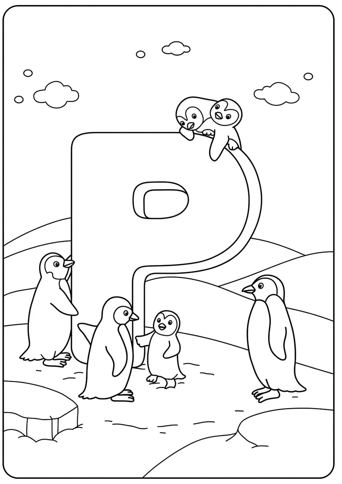 Medium complexity coloring page of penguins with a large letter P, designed for elementary children.