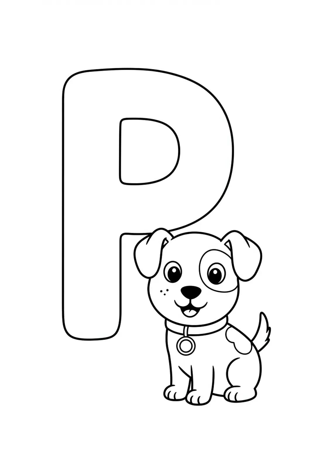 A large letter P with a playful puppy sitting beside it, both outlined in simple black and white.