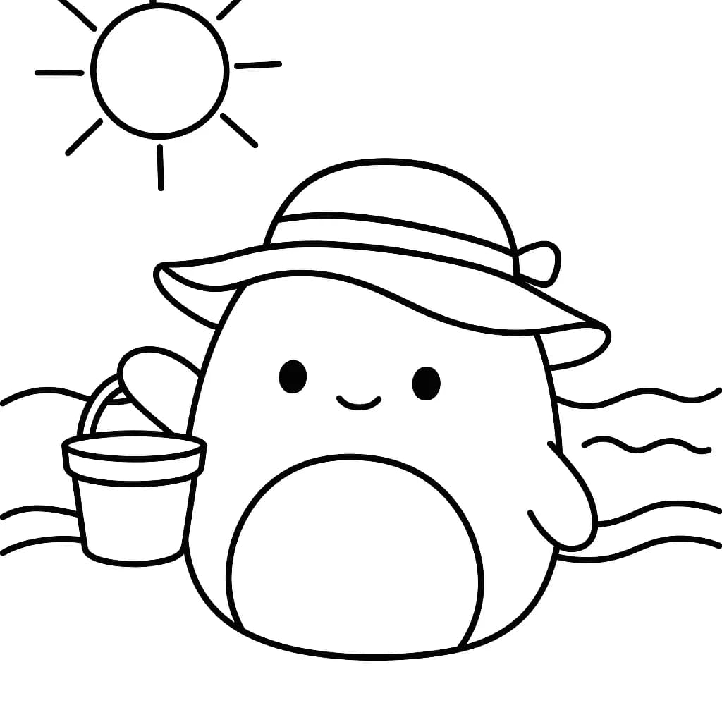 Squishmallow with sun hat holding a sand bucket at the beach, easy coloring page.