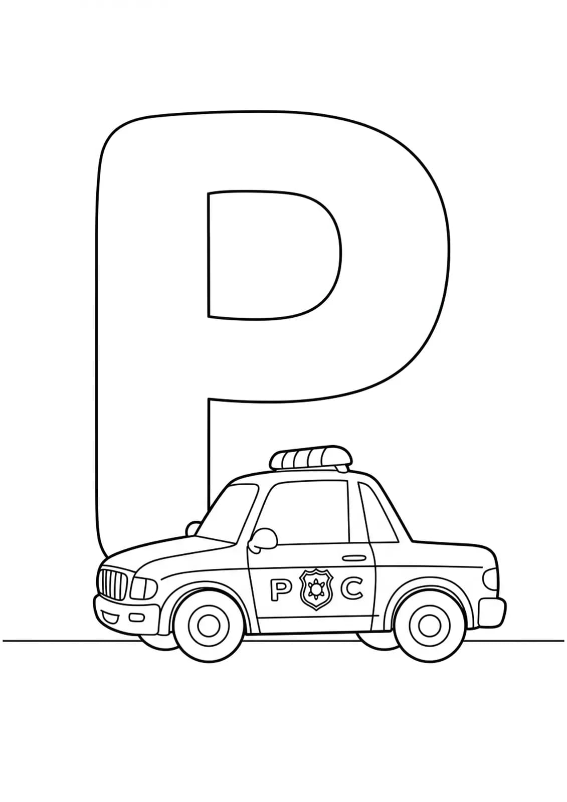 A big letter P with a simple cartoon police car nearby, both outlined for easy coloring.