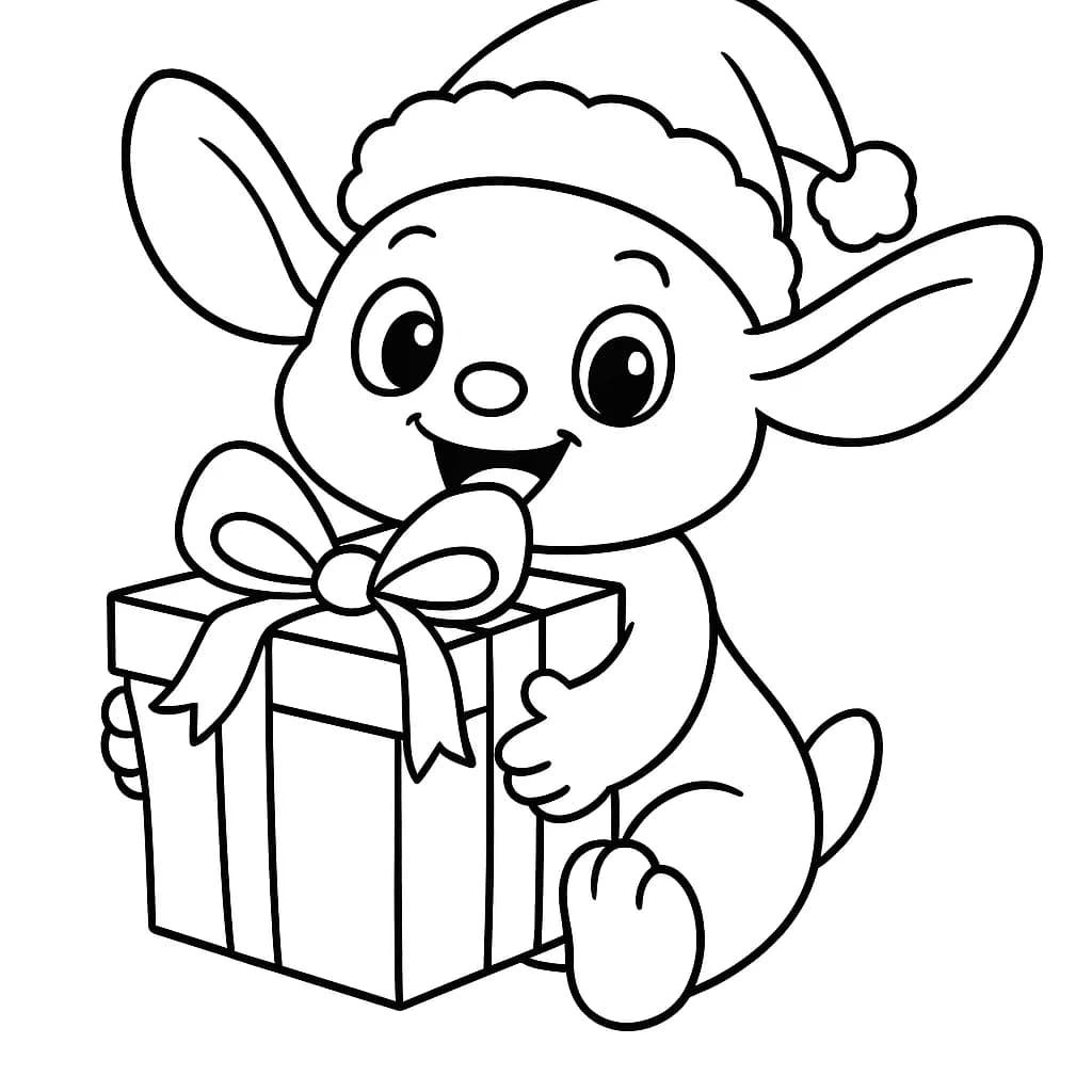 Poppy Playtime character wearing a Santa hat next to a large present, easy outlines for preschool coloring.