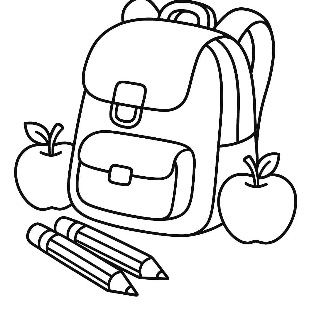Easy coloring page with school supplies like pencils, a backpack, and apples, designed for elementary children.