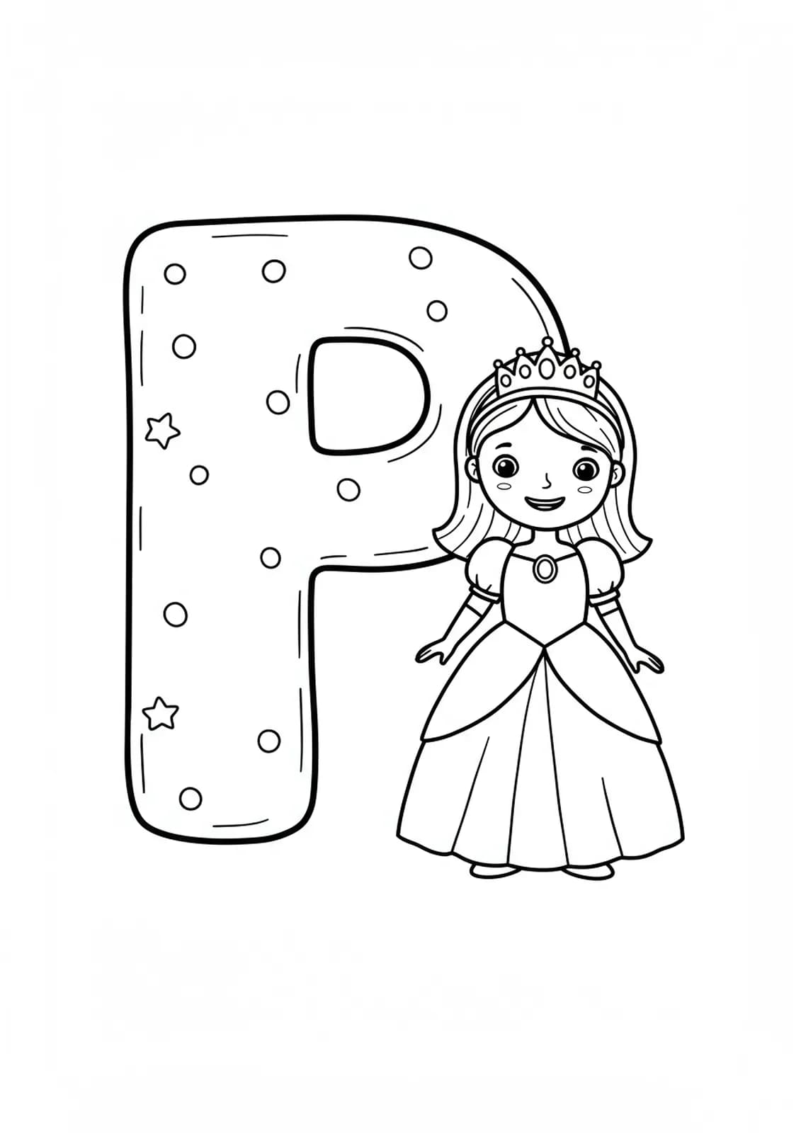 A large letter P with a smiling princess in a crown and dress beside it, all outlined simply.
