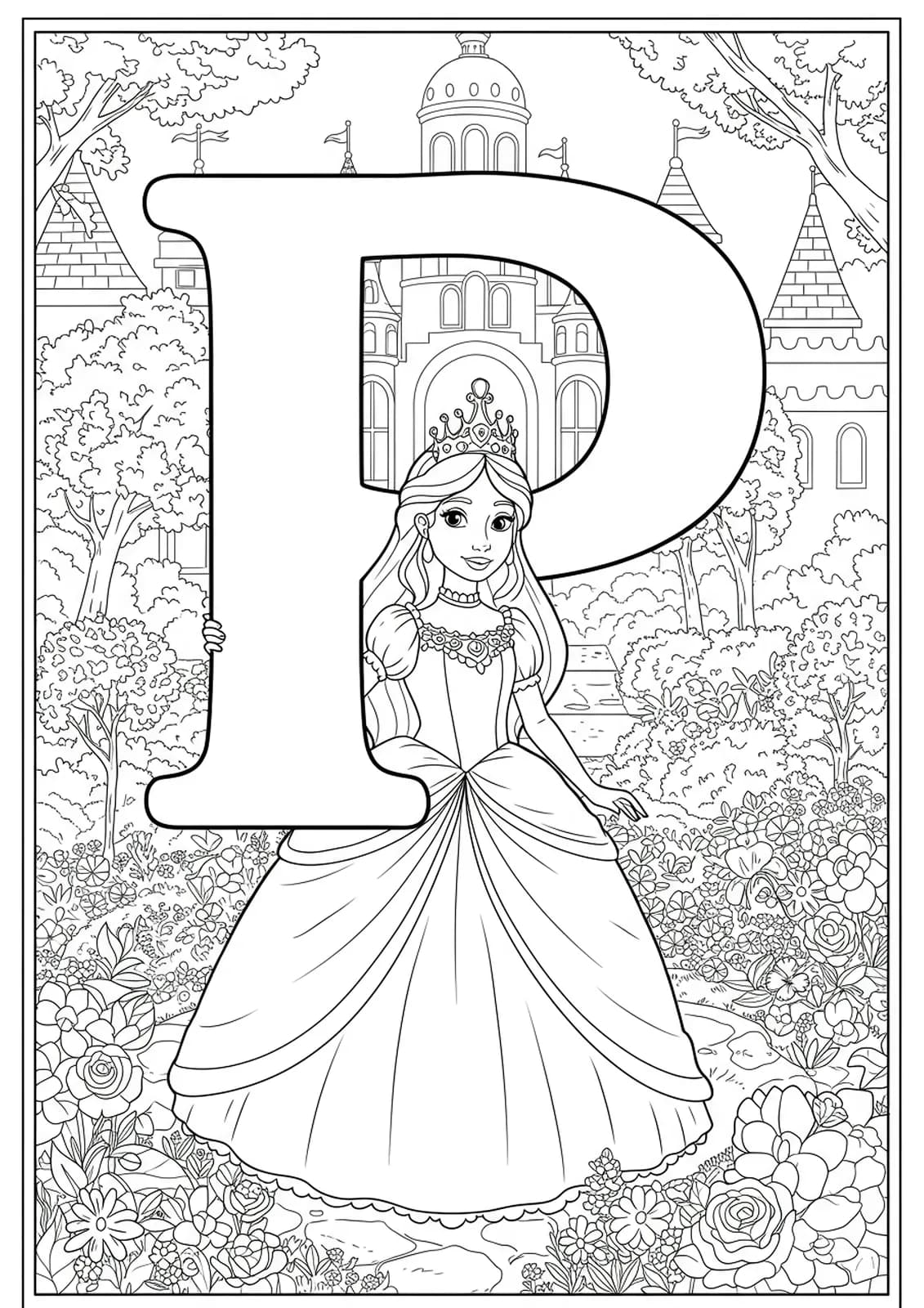 Coloring page of a princess and palace with the letter P, medium detail for elementary kids.