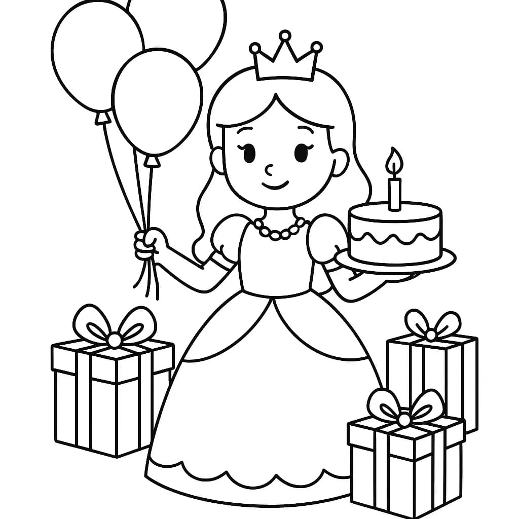 Easy coloring page of a princess holding balloons and a birthday cake, standing beside presents.