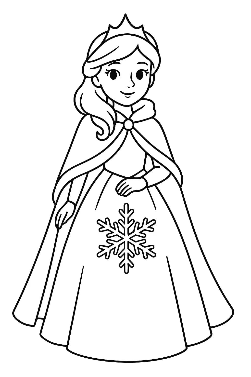 Preschool coloring page of a princess with a cloak and big snowflake in a winter scene.