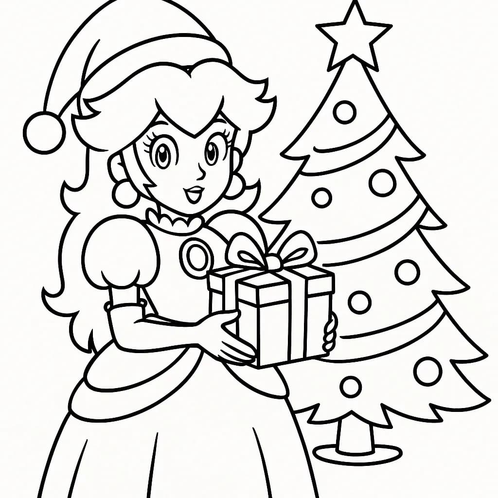 Princess Peach with a Santa hat and present for Christmas, easy coloring page
