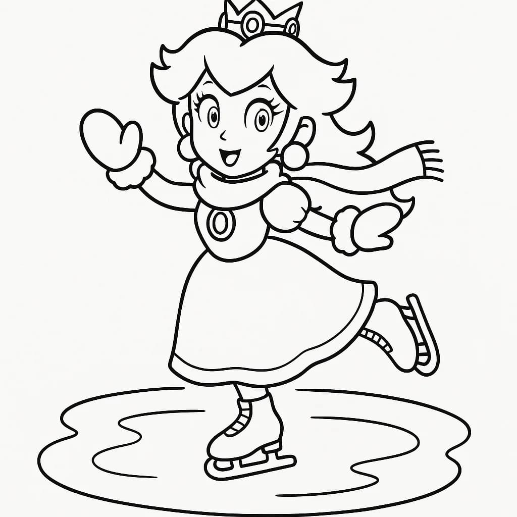 Princess Peach ice skating with a scarf, easy winter coloring page