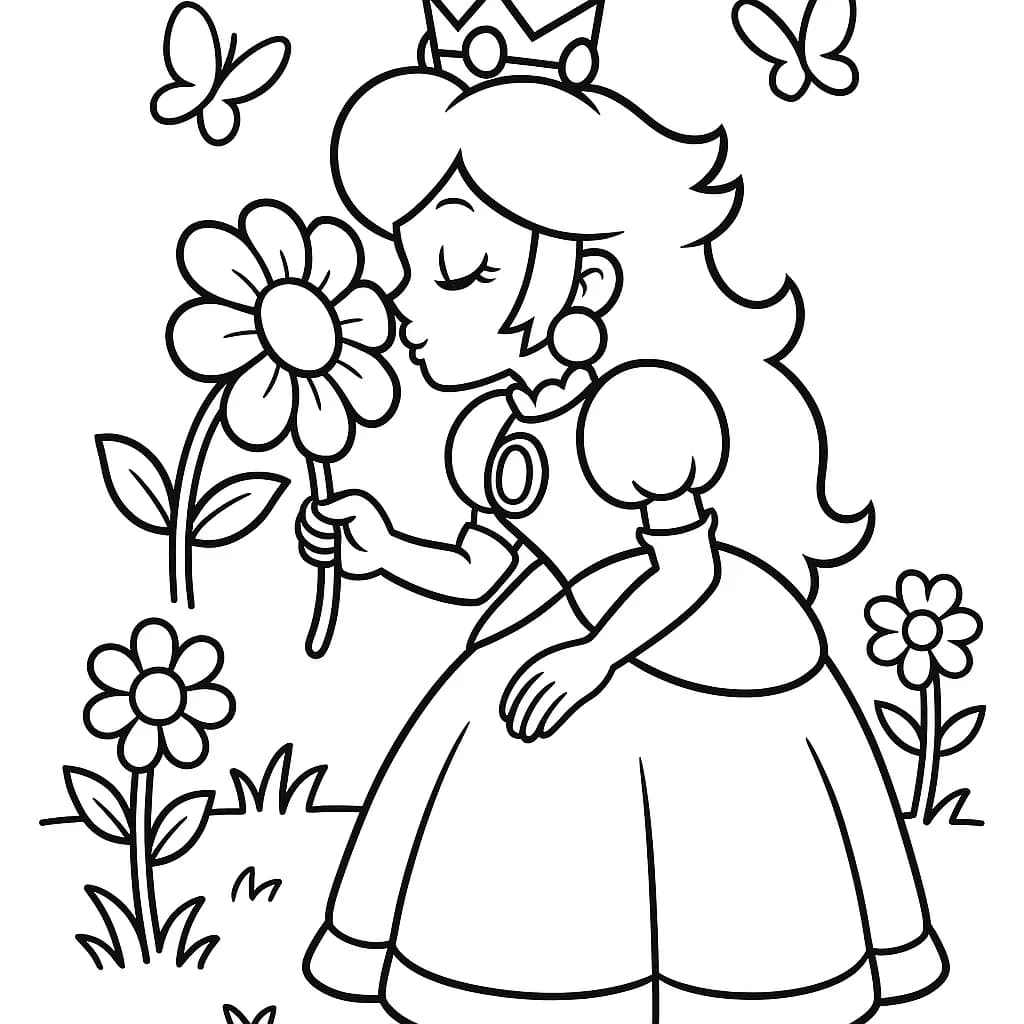 Princess Peach in a garden with a big flower, easy spring coloring page