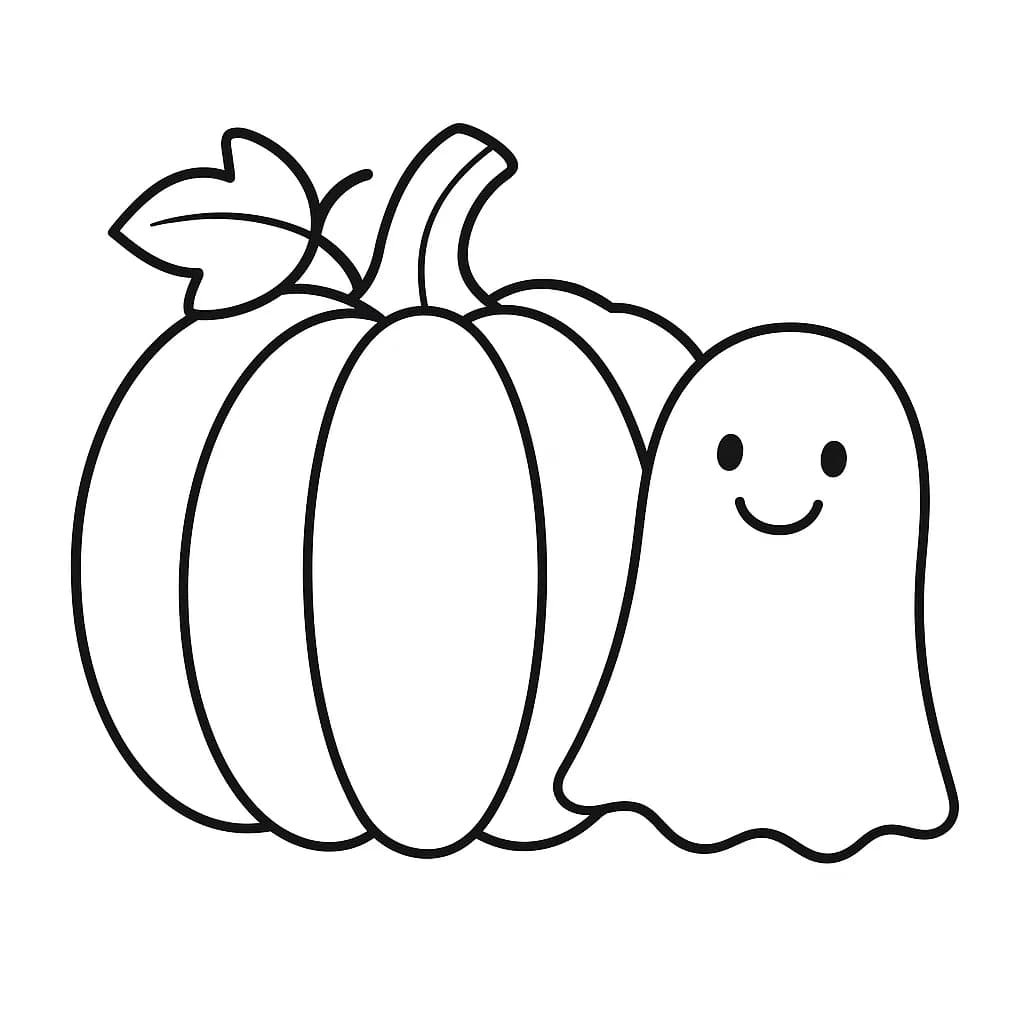 Large pumpkin with a friendly ghost floating beside it, simple lines
