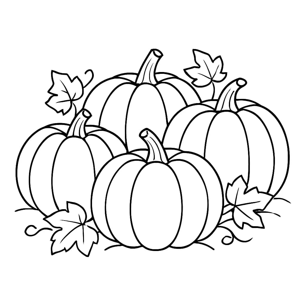 Big pumpkins, a scarecrow, and corn stalks in a simple fall harvest scene for easy coloring.
