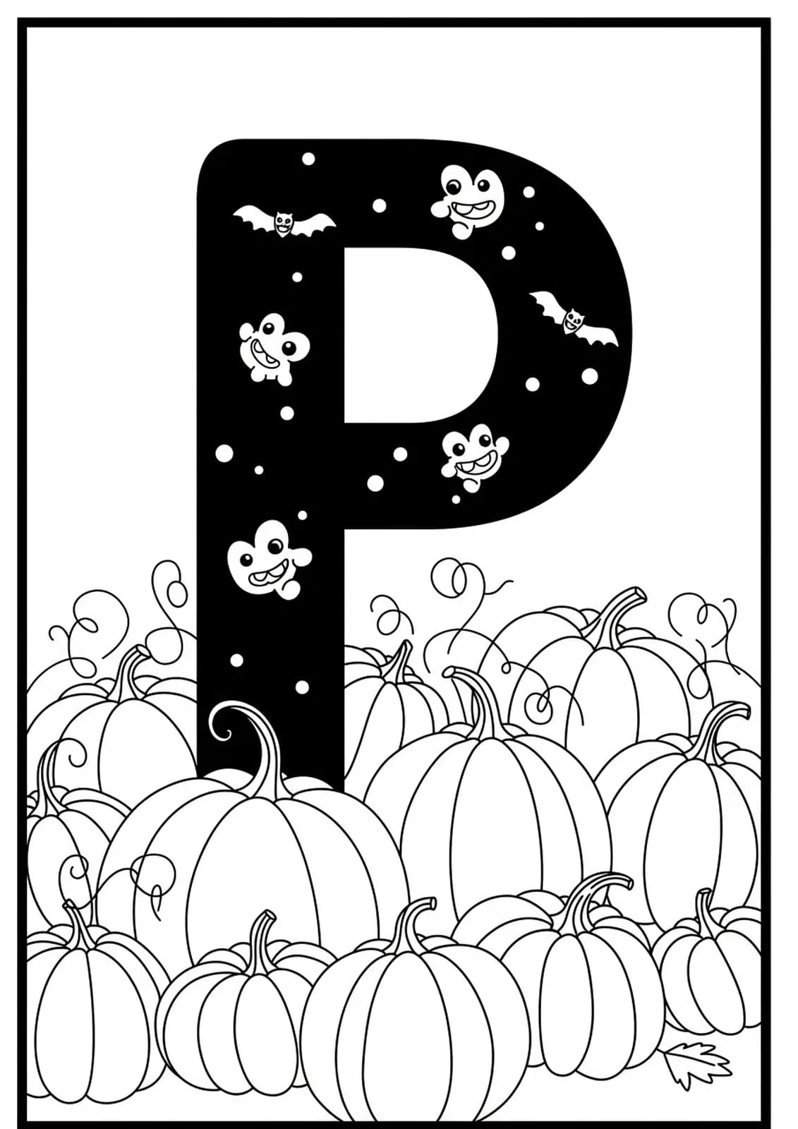 Medium complexity coloring page of a pumpkin patch with the letter P for elementary students.