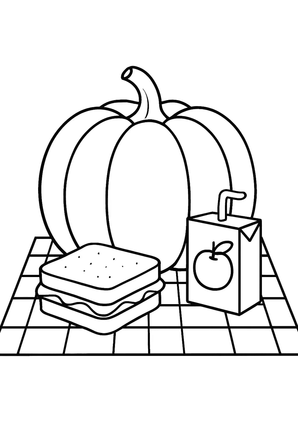 Big pumpkin on a picnic blanket with sandwich and juice box