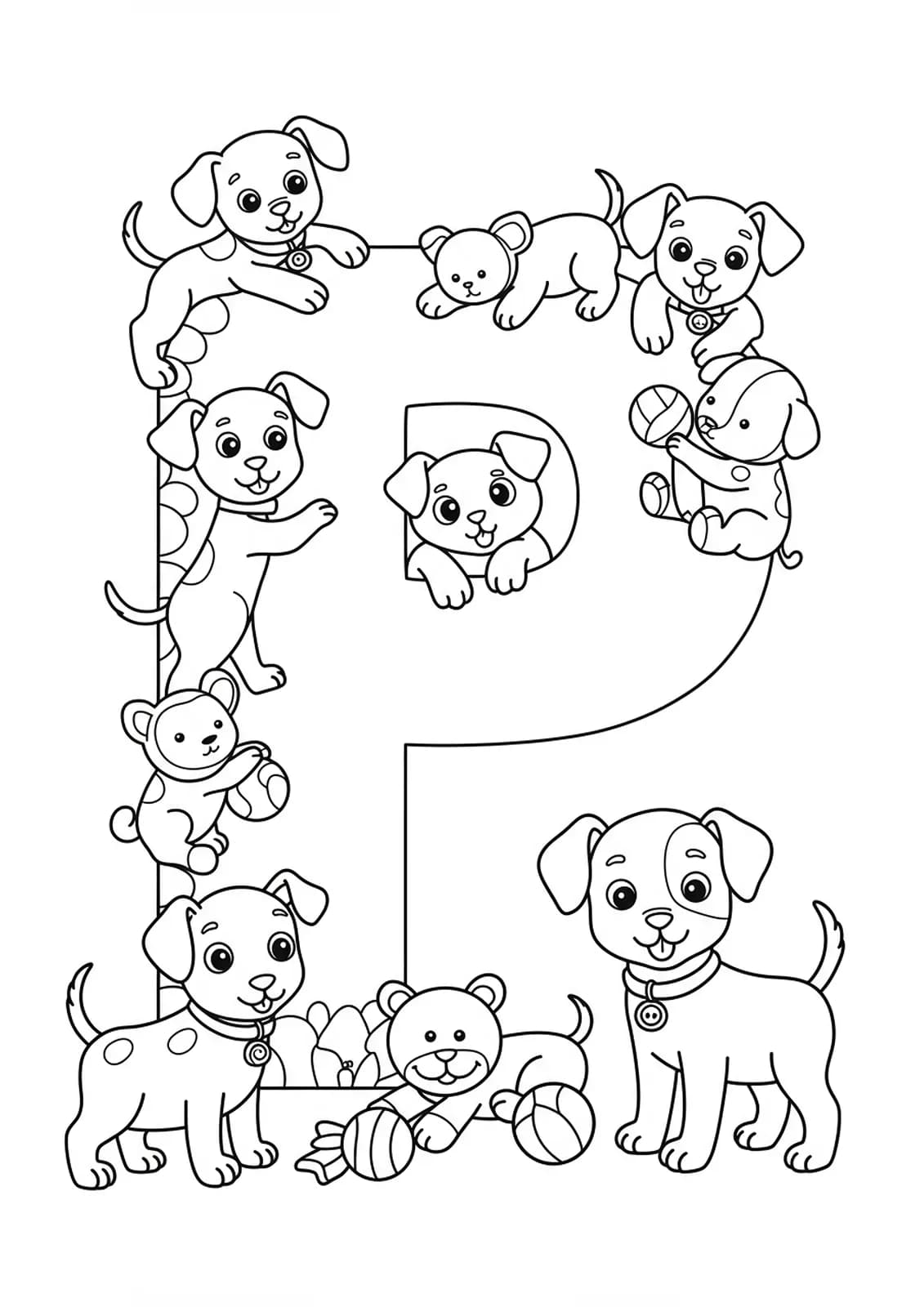 Coloring page showing playful puppies and a big letter P, with medium detail for kids.