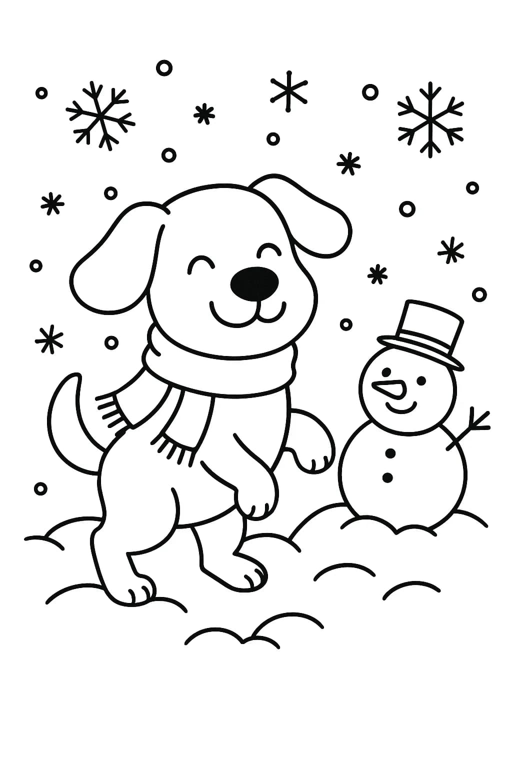 A happy dog wearing a scarf, playing in snow with snowflakes and a snowman behind.