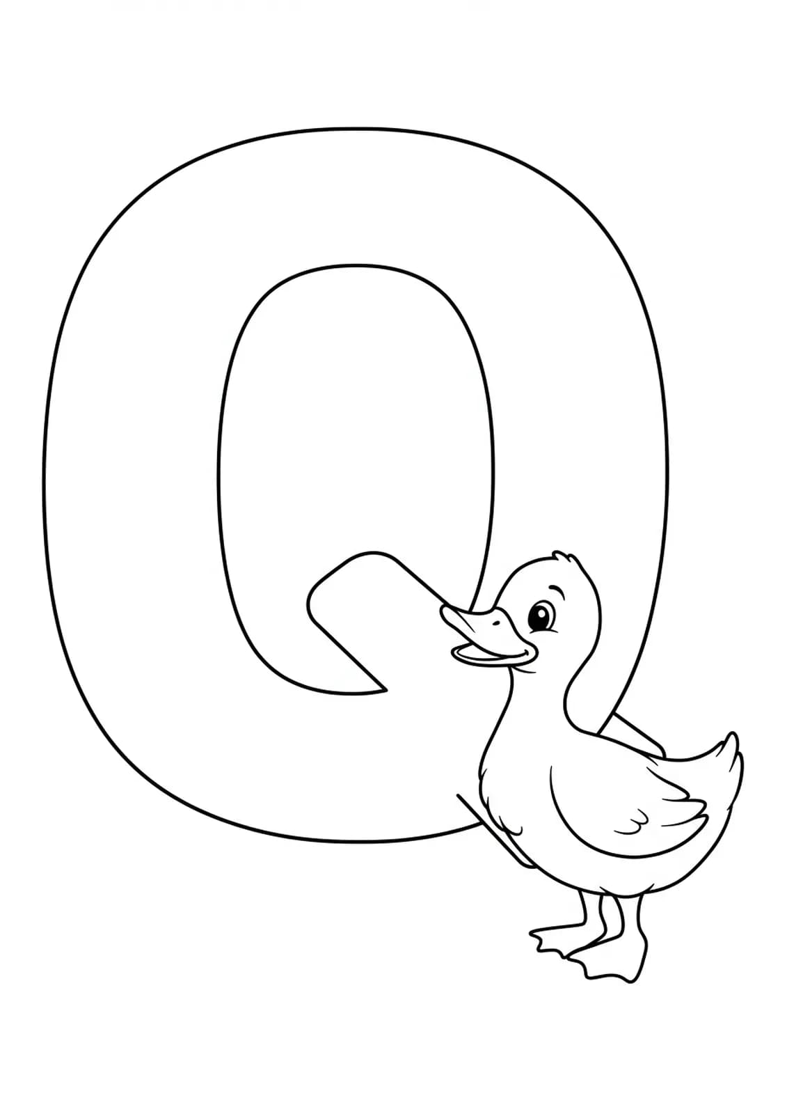 Letter Q with a friendly duck quacking beside it, easy outlines for coloring.