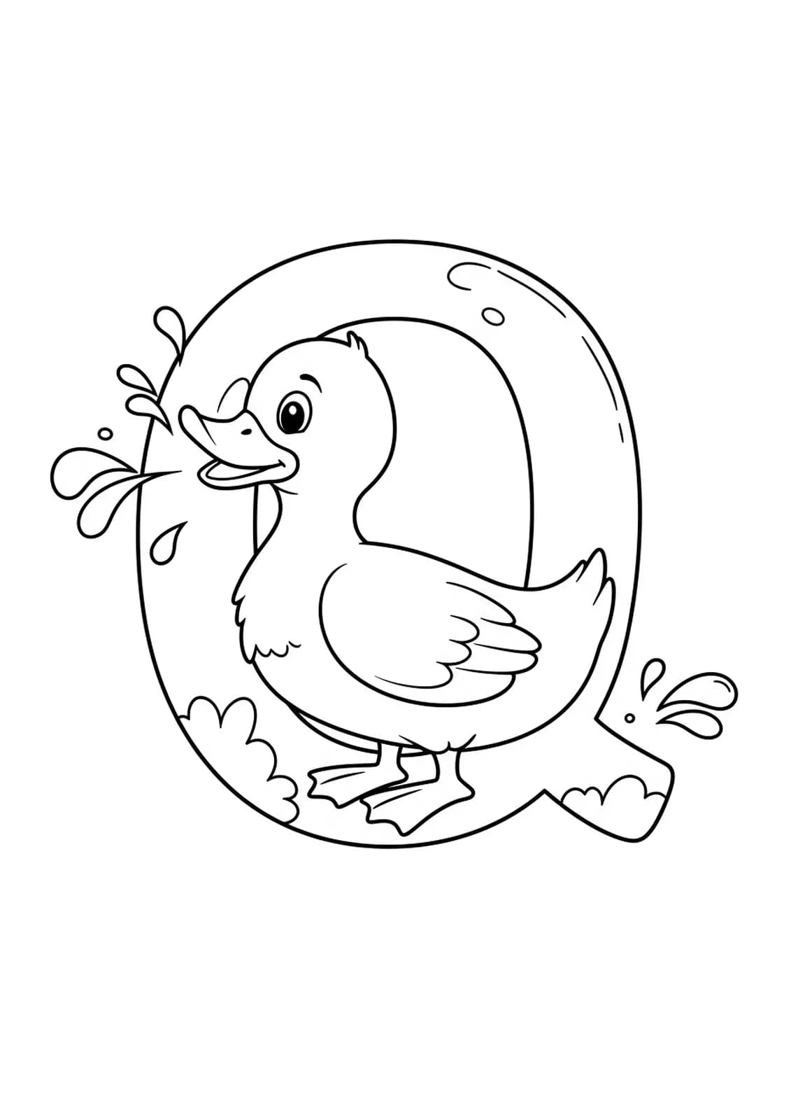 Outline drawing of a letter Q with a duck making a quack sound and water splashes for coloring