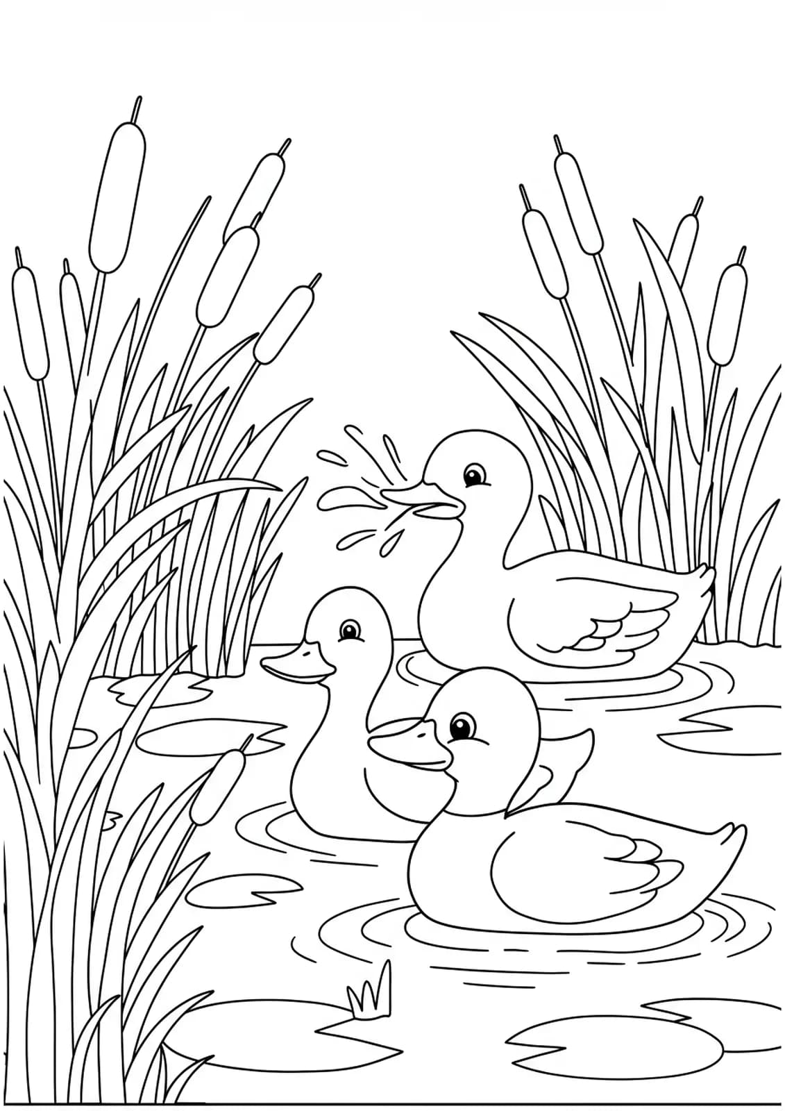 Detailed line art of ducks quacking in a pond, with letter Q shapes hidden in reeds, lily pads, and ripples.