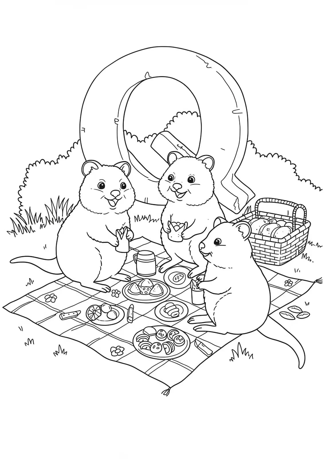 Detailed line art of quokkas having a picnic with food and a picnic blanket, with multiple letter Qs hidden in the scene.