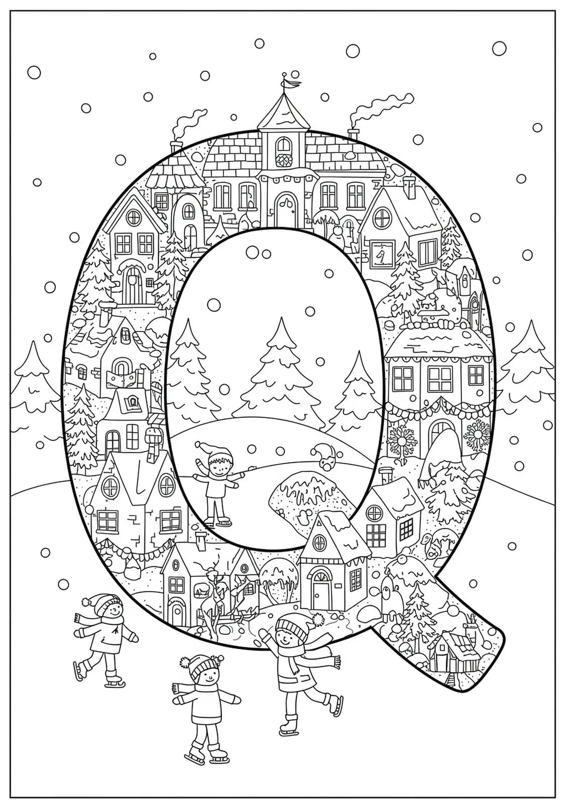Wintry village scene with decorated houses, snowflakes, and children skating around the letter Q.
