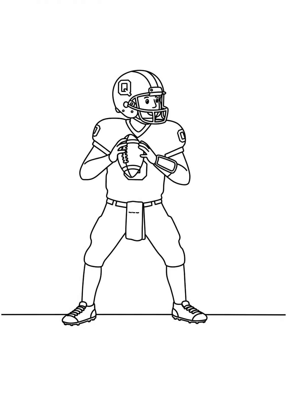 Line art of a quarterback holding a football, with the letter Q on the jersey and football field details.