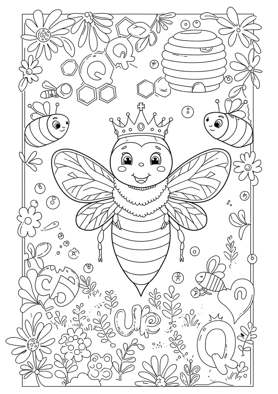 Line art of a queen bee with a crown, surrounded by bees, flowers, and a honeycomb hive with letter Qs.