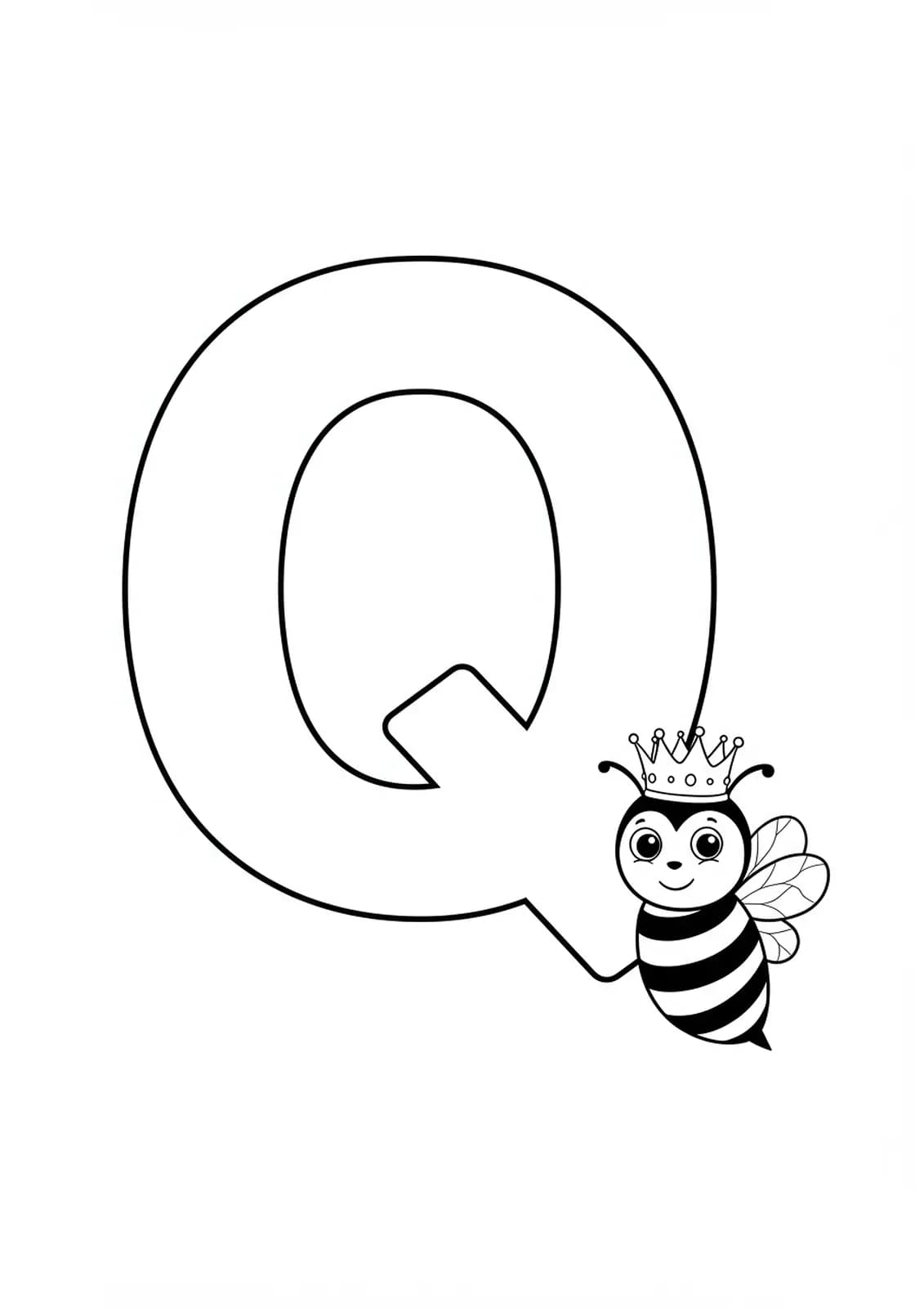 Large letter Q with a smiling queen bee wearing a crown, easy to color outlines.