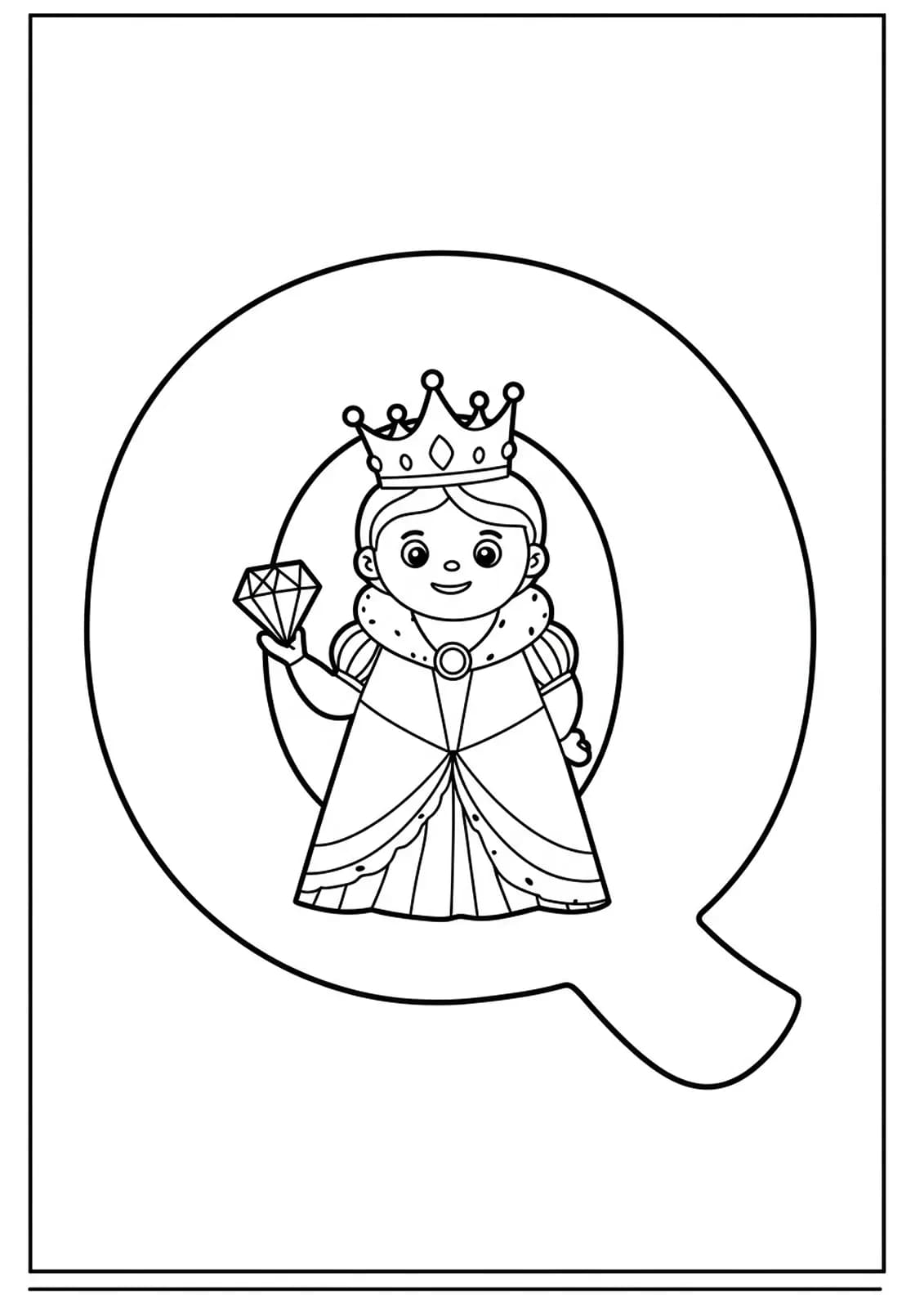 Outline drawing of letter Q with a queen, crown, and jewel for coloring