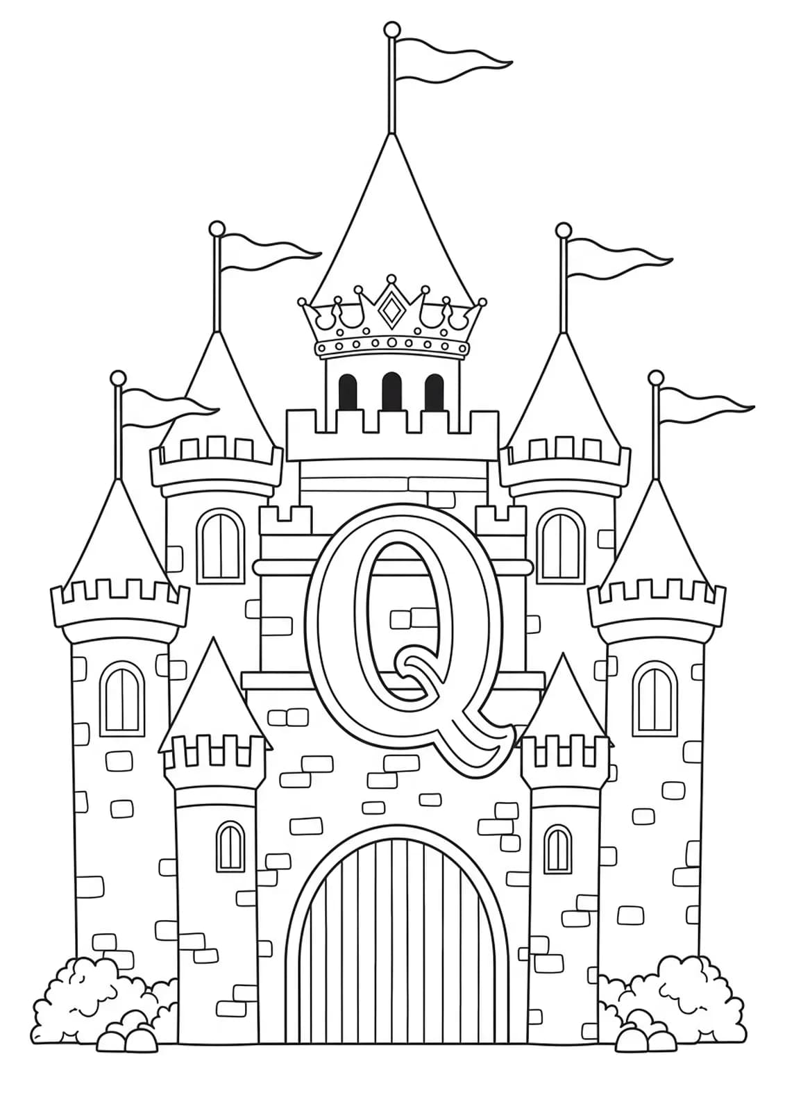 A detailed black and white line art of a queen’s castle with the letter Q, elaborate turrets, flags, jewels, and fine details.