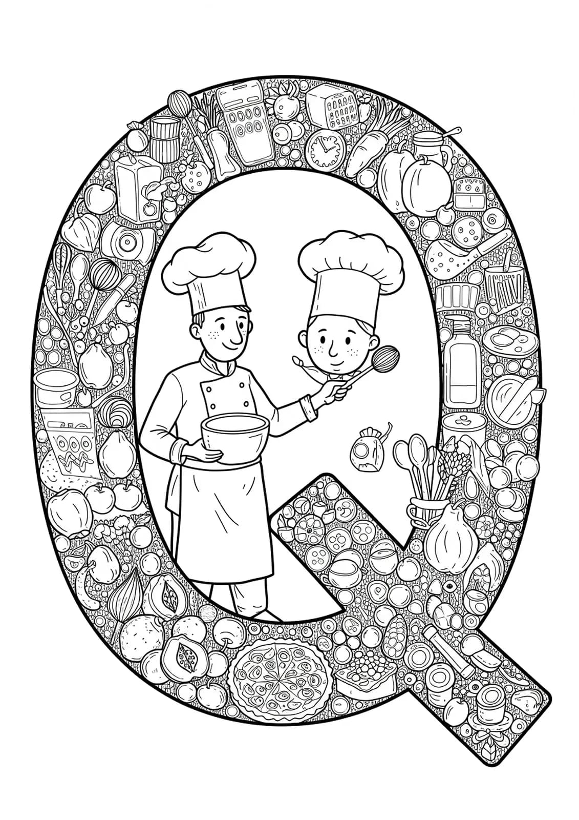 Kitchen scene with a chef, the letter Q, food ingredients, and cooking tools.