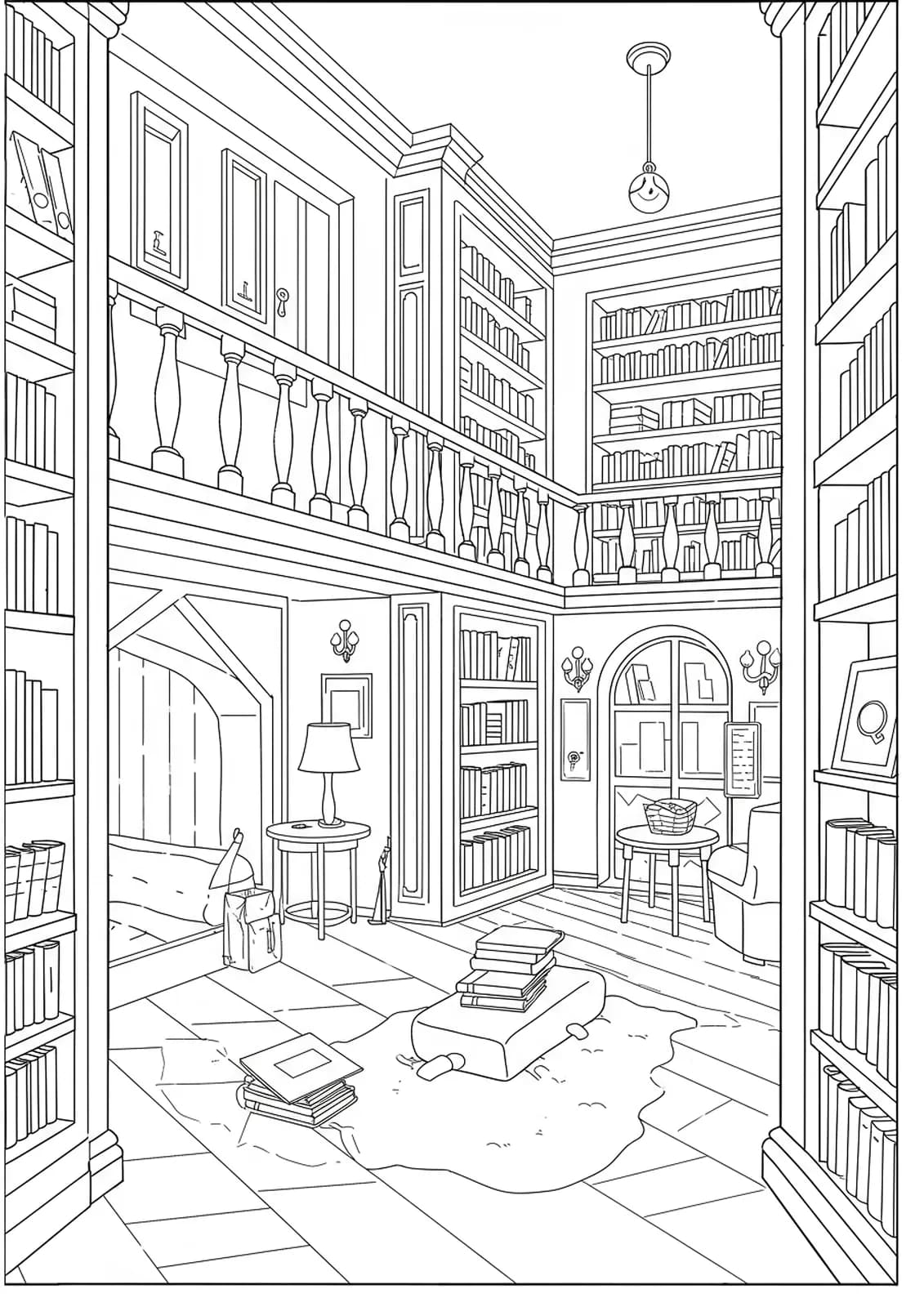 Detailed line art of a library with bookshelves, reading spots, and letter Qs hidden in books and lamps.