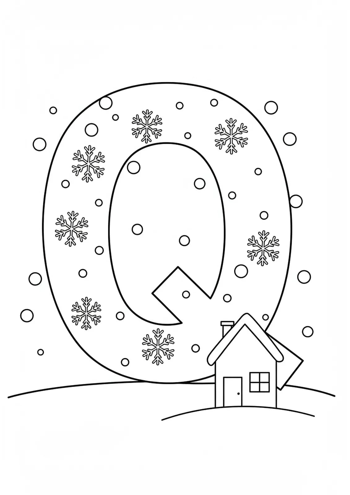 Large letter Q with snowflakes and a small house next to it, easy to color.