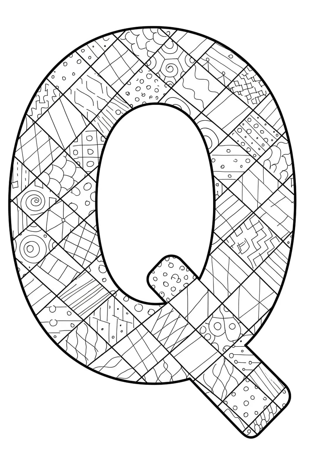 Large letter Q with simple quilt pattern shapes inside, outlined in easy-to-color blocks.