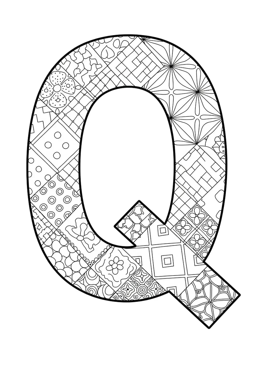 Intricate line art of a large letter Q filled with quilt patterns like stars, flowers, and zigzags.