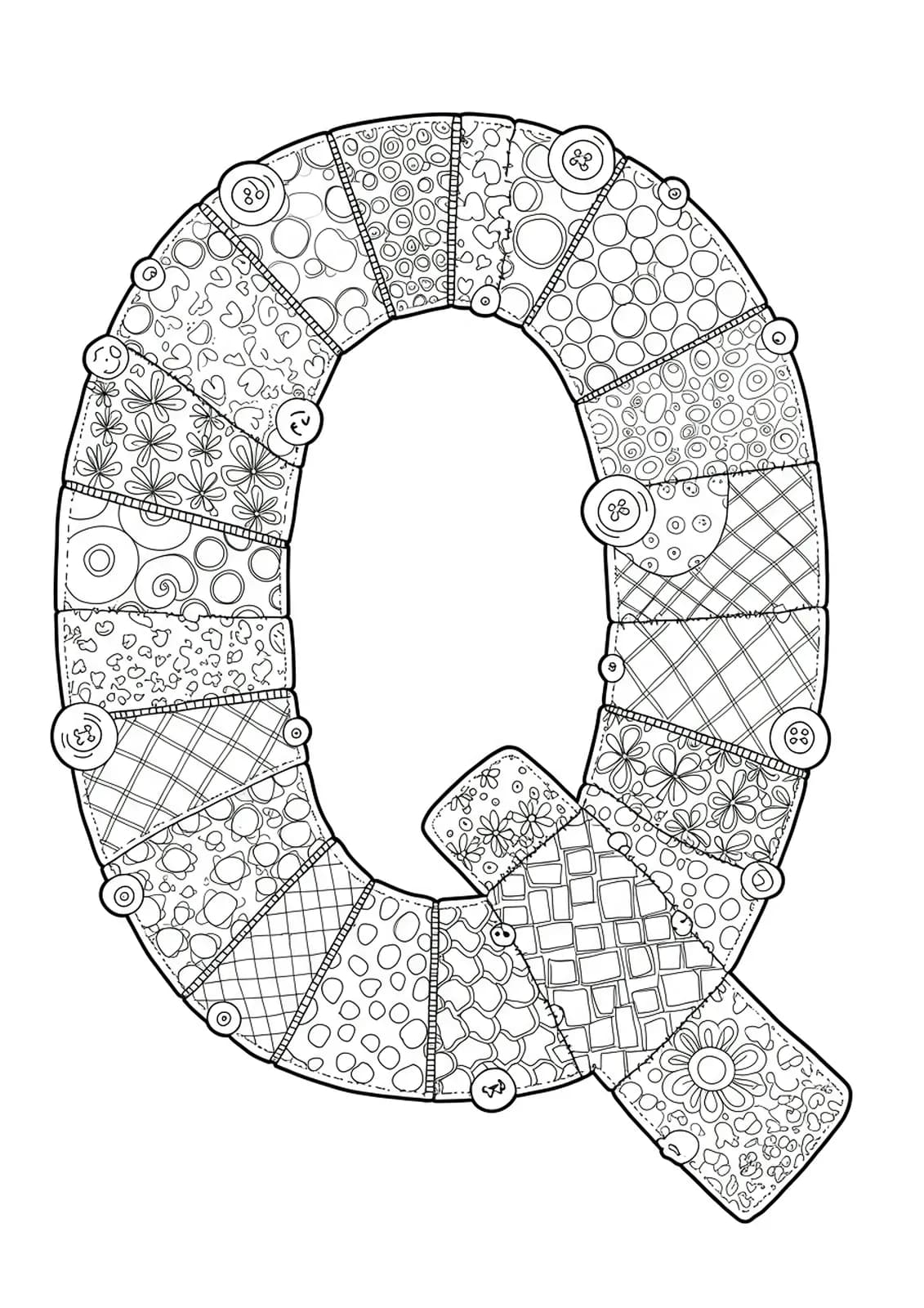 Coloring page of the letter Q made of detailed quilt patches, stitches, and buttons.