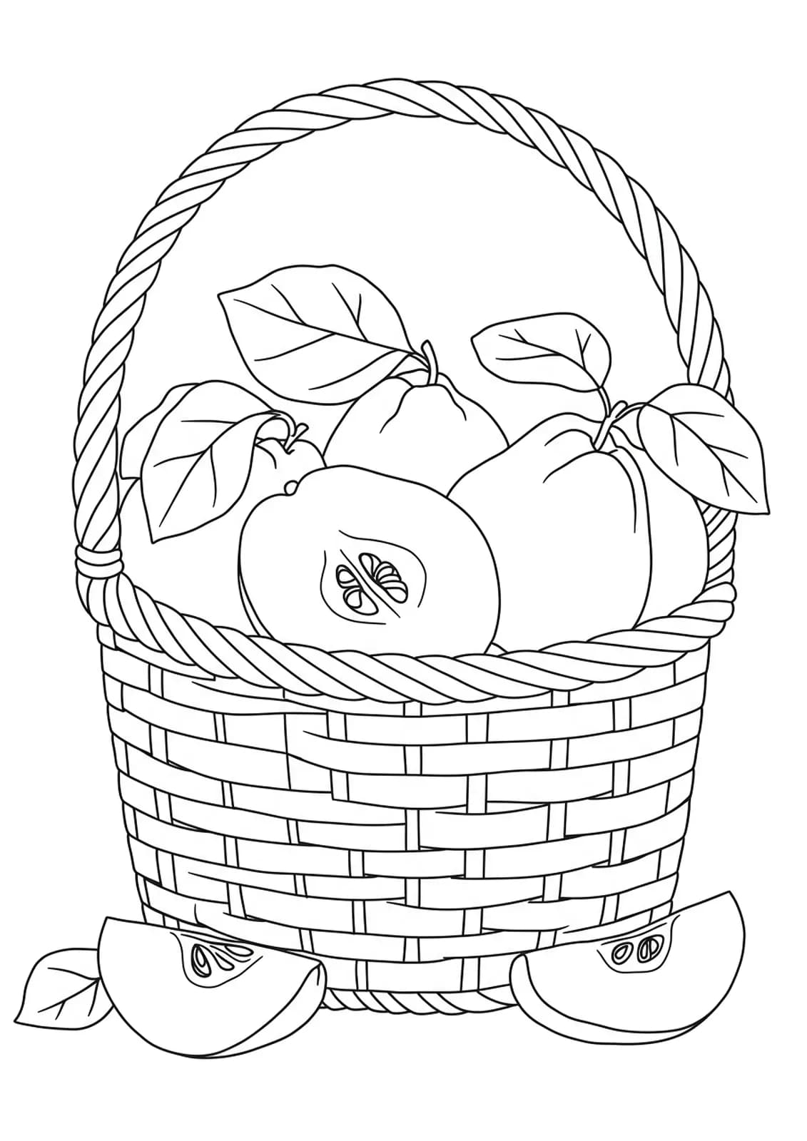 Line art of a fruit basket with quinces, leaves, and slices in the shape of letter Qs and a detailed basket weave.