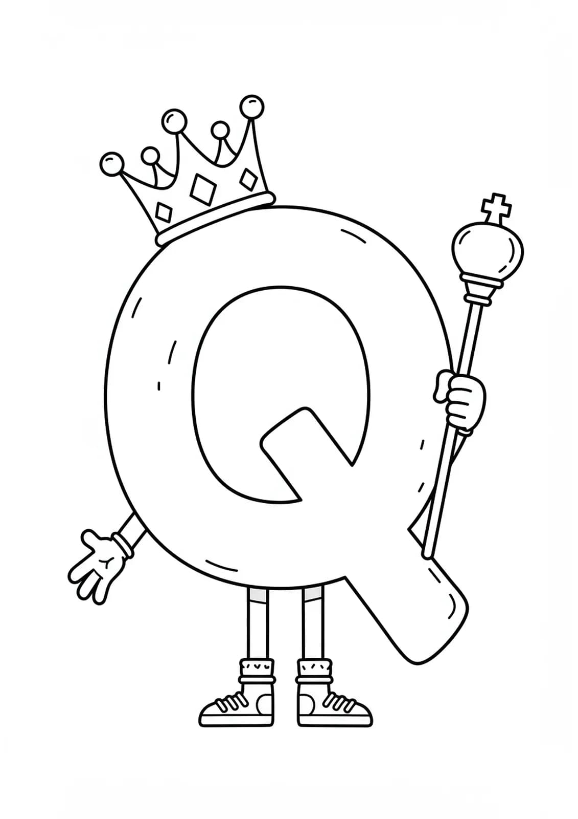 Large letter Q with a cartoon crown and scepter, simple lines for easy coloring.