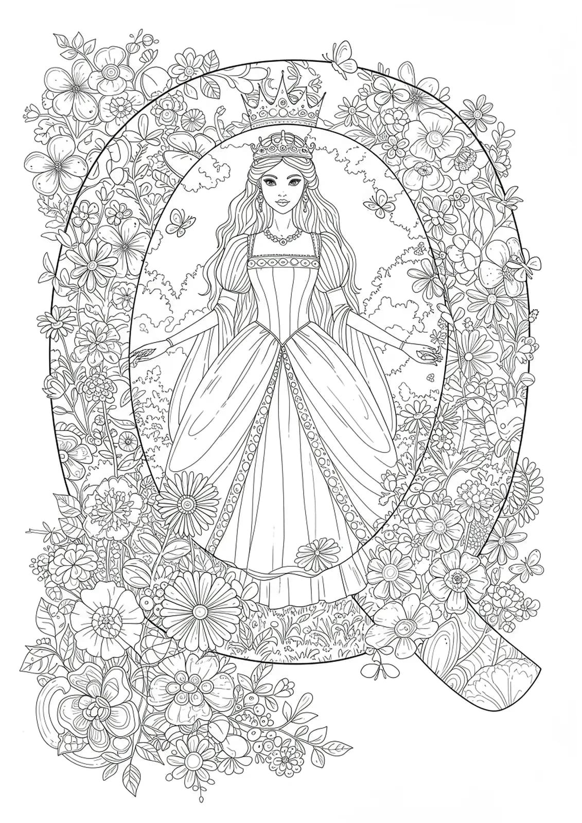 Detailed coloring page of the letter Q with a queen surrounded by garden flowers and butterflies.