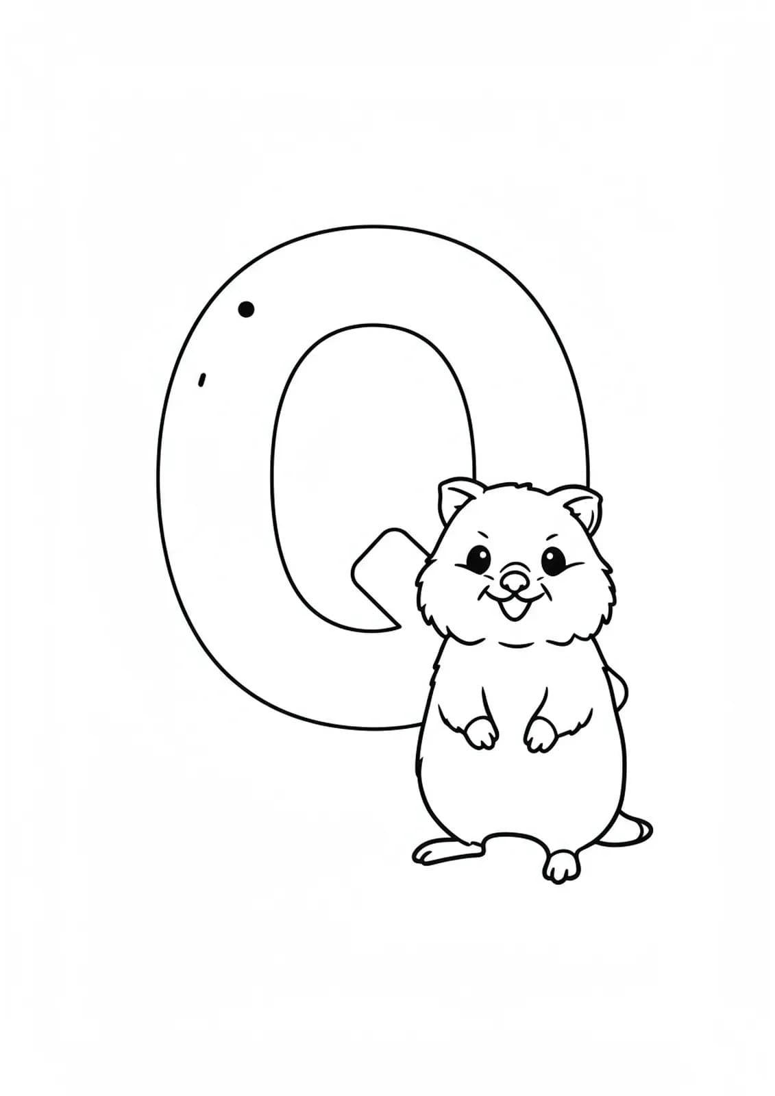 Large letter Q with a smiling quokka standing next to it, easy coloring outlines.