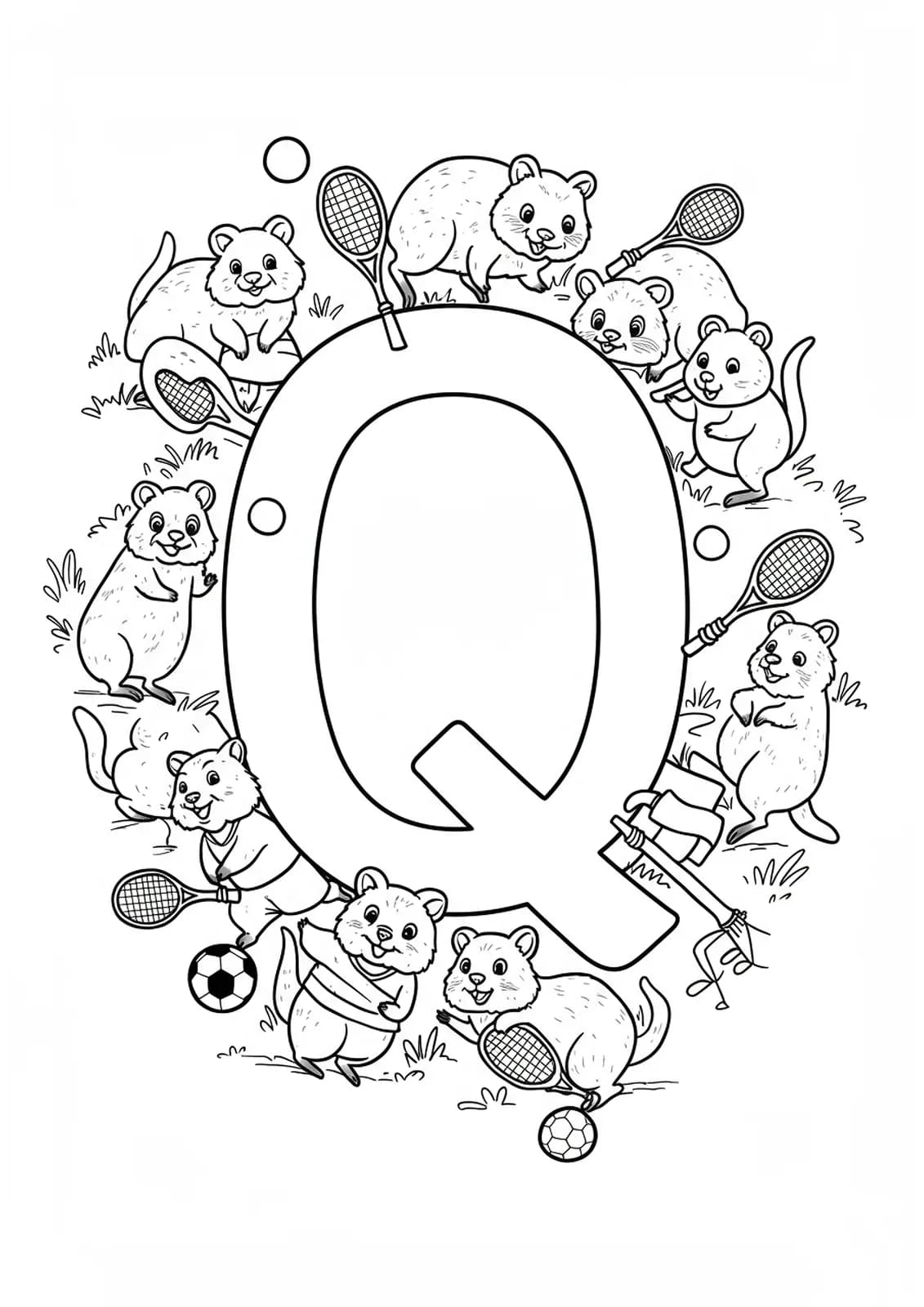 Coloring page of the letter Q with playful quokkas in sports uniforms, playing various sports.