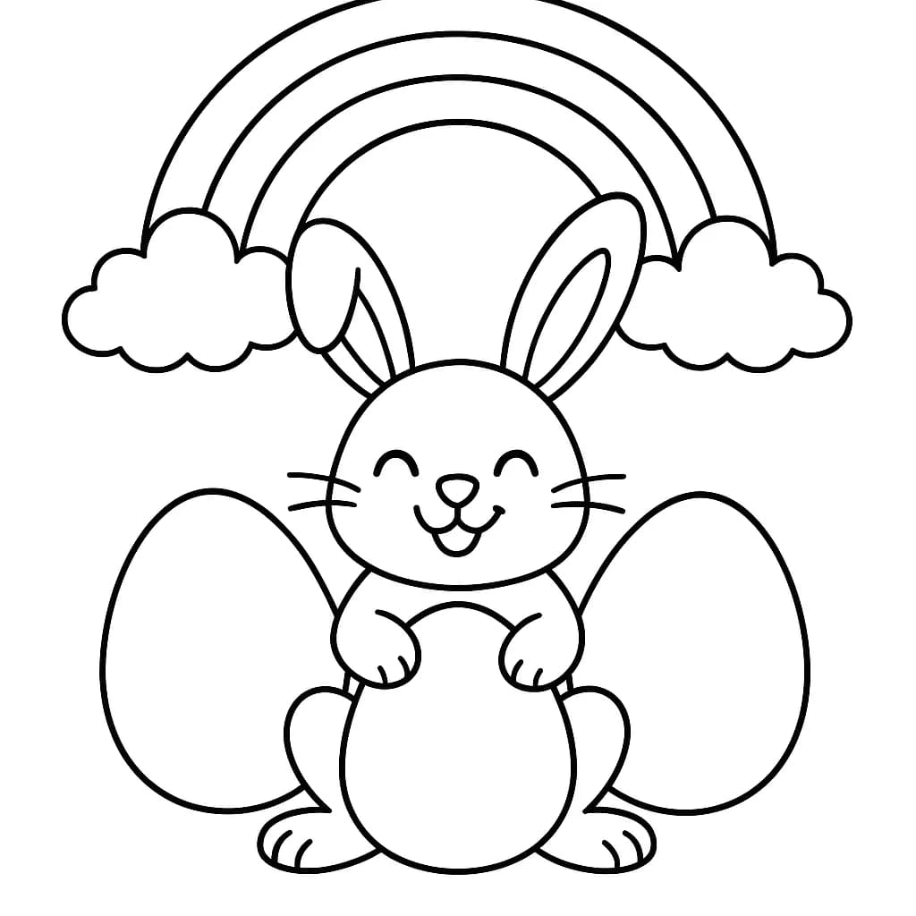 Simple drawing of a smiling bunny under a rainbow with three big Easter eggs.