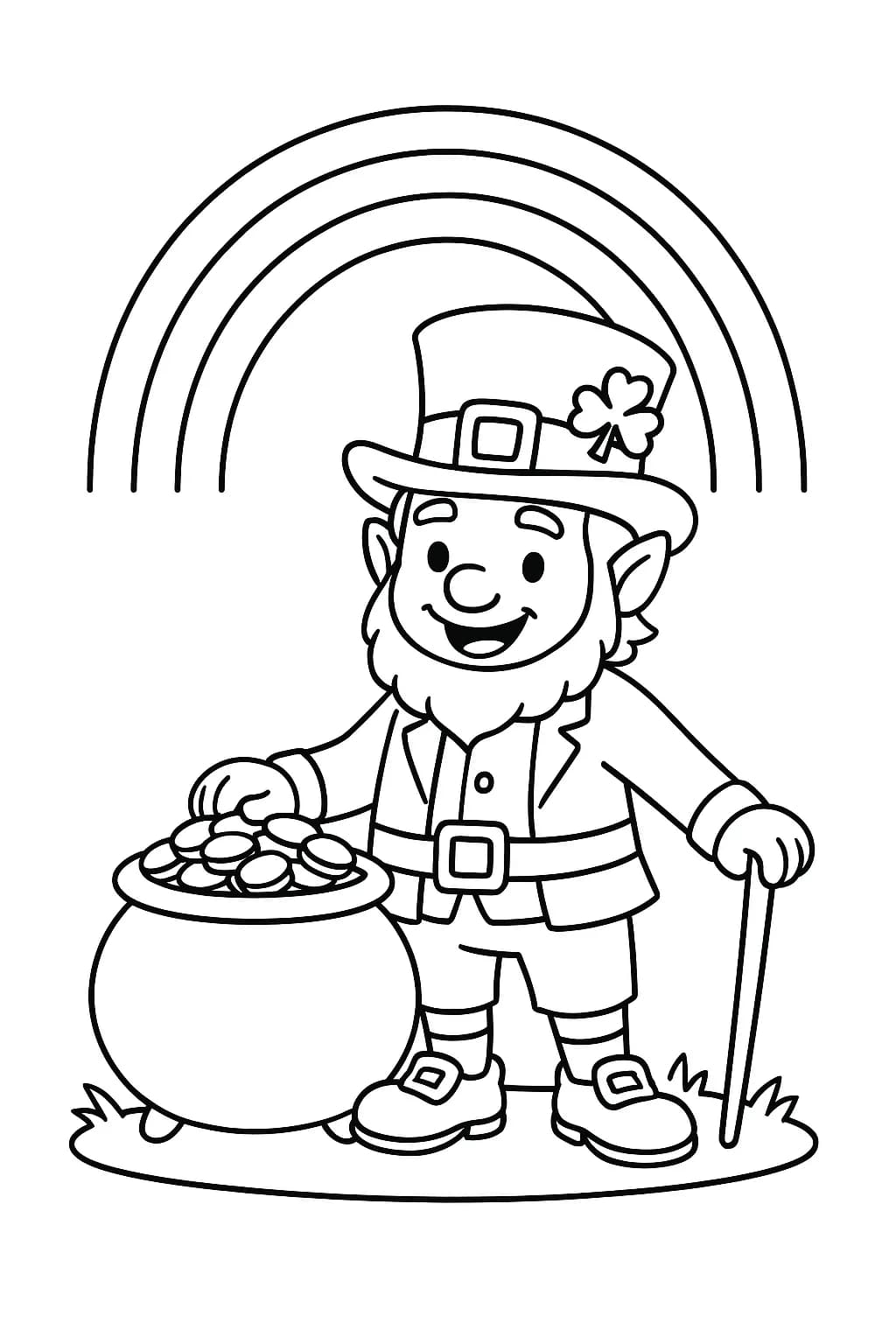 Line art of a leprechaun beside a pot of gold with a rainbow overhead